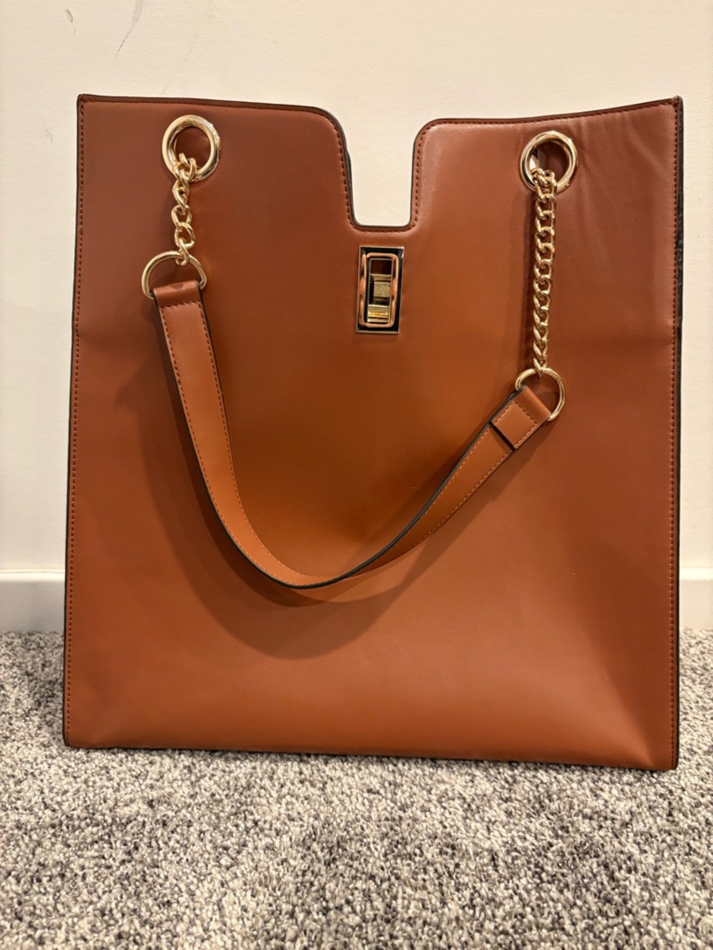 Ann Taylor Cognac Leather Tote with Gold Chain Accents
